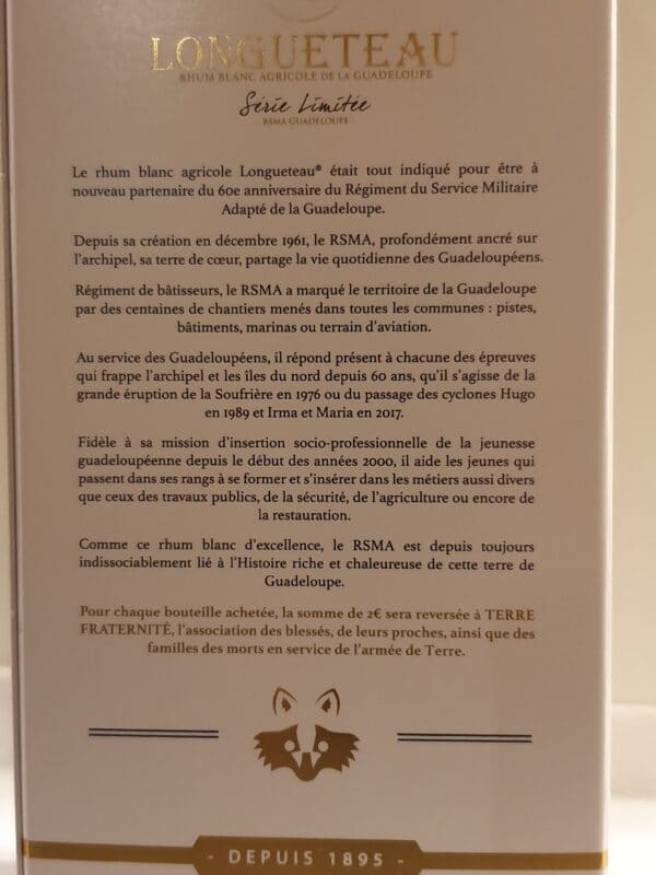 RHUM BLANC LONGUETEAU 70 cl 60 ANS RSMA – Image 2