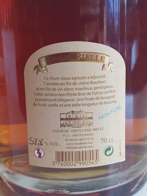 RHUM VIEUX BIELLE 70 cl 57.8° MILLESIME 2014 BRUT DE FUT – Image 2