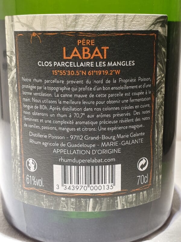 RHUM BLANC PERE LABAT CLOS PARCELLAIRE LES MANGLES 61° 70 cl – Image 2