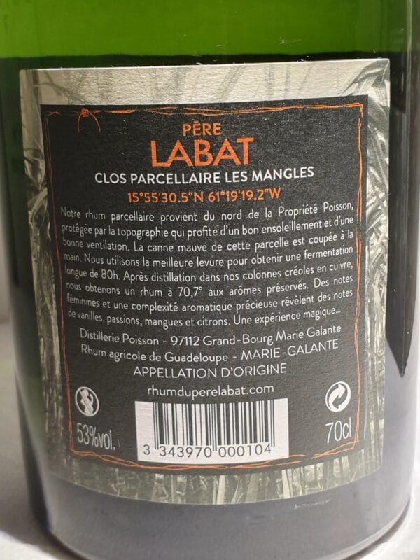 RHUM BLANC PERE LABAT CLOS PARCELLAIRE LES MANGLES 53° 70 cl – Image 2
