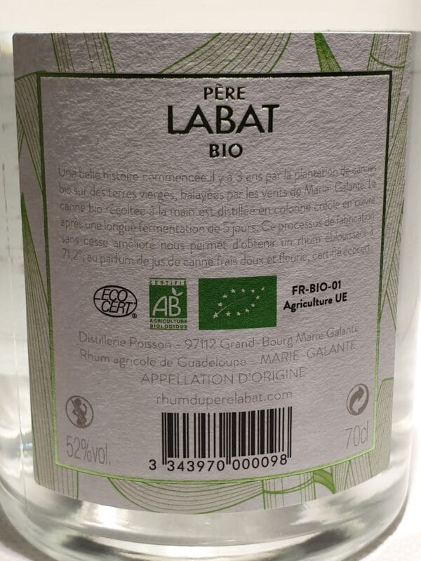 RHUM BLANC PERE LABAT BIO 52° 70 cl – Image 2