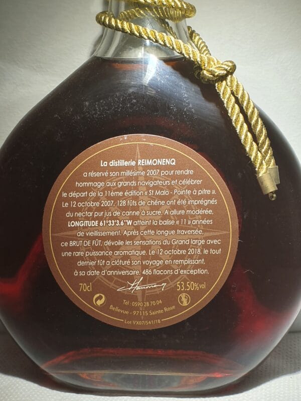 RHUM VIEUX LONGITUDE 70cl  53.5° BDF millésime 2007 – Image 2