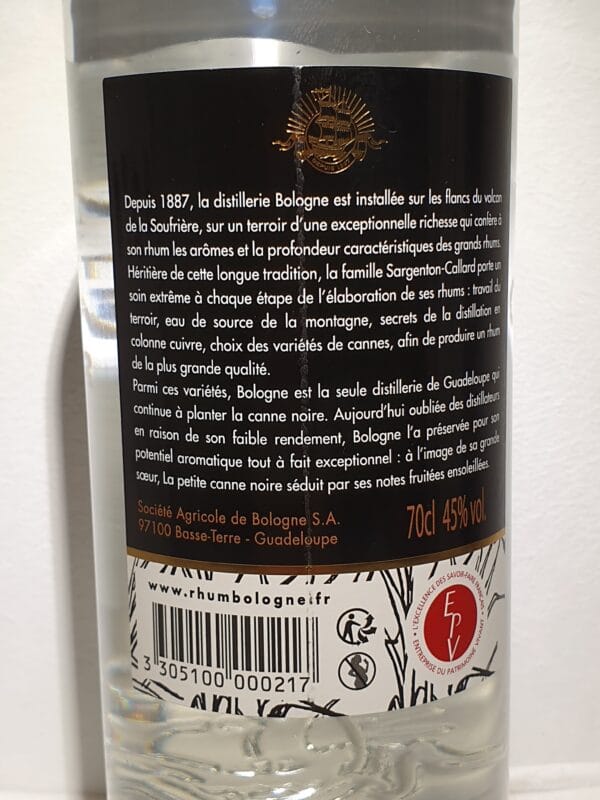 RHUM BLANC BOLOGNE 70 cl 45° la petite CANNE NOIRE – Image 2