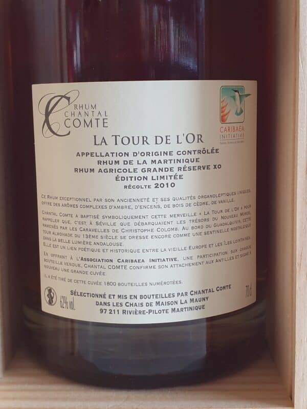RHUM VIEUX CHANTAL COMTE 70 CL 62° LA TOUR DE L'OR MILLESIME 2010 – Image 3