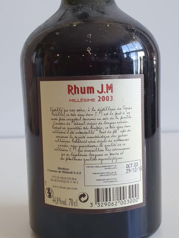 RHUM VIEUX JM 70 CL 44.8° MILLESIME 2003 13 ANS D'AGE – Image 2