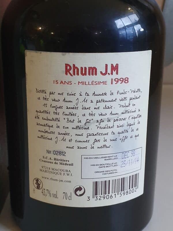 RHUM VIEUX JM 70 CL 43.7° MILLESIME 1998 15 ANS ETIQUETTE CUIR – Image 2