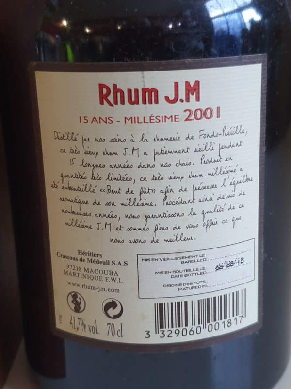 RHUM VIEUX JM 70 CL 41.7° MILLESIME 2001 ETIQUETTE CUIR 15 ANS – Image 3