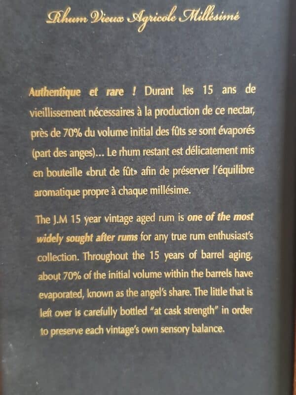 RHUM VIEUX JM 70 CL 41.5° MILLESIME 2002 ETIQUETTE CUIR 15 ANS – Image 4