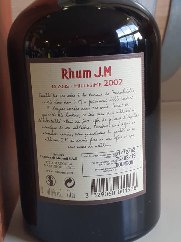 RHUM VIEUX JM 70 CL 41.5° MILLESIME 2002 ETIQUETTE CUIR 15 ANS – Image 3