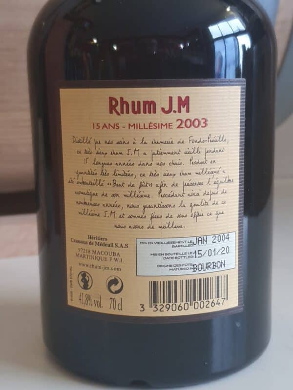 RHUM VIEUX JM 70 CL 41.8° MILLESIME 2003 ETIQUETTE CUIR 15 ANS – Image 2