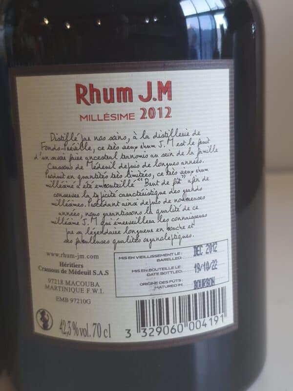 RHUM VIEUX JM 70 CL 42.3° MILLESIME 2012 – Image 2