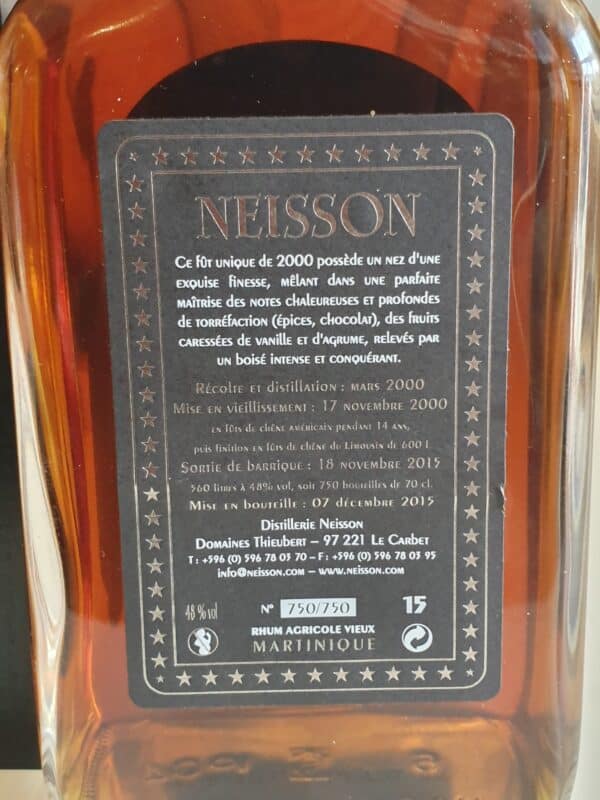 RHUM VIEUX NEISSON 70 CL 48° BATCH 2 MILLESIME 2000 – Image 3