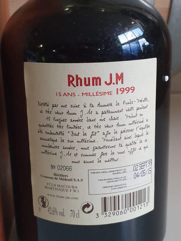 RHUM VIEUX JM 70 CL 42.6°MILLESIME 1999 ETIQUETTE CUIR 15 ANS – Image 3