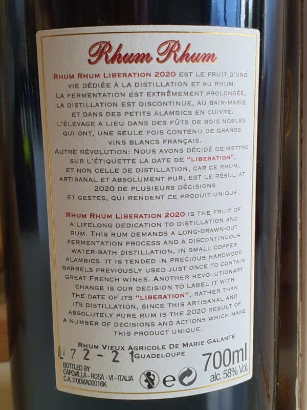 RHUM VIEUX LIBERATION 70 CL 58°MILLESIME 2020 – Image 4