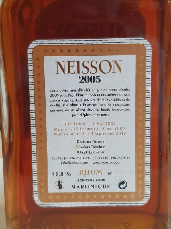 RHUM VIEUX NEISSON 70 CL 45.8° MILLESIME 2005 BRUT DE FUT – Image 2