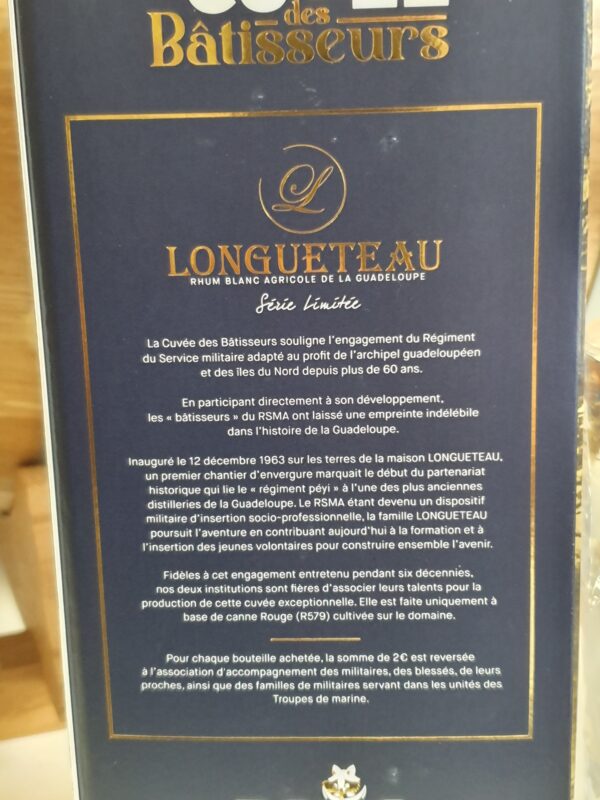 RHUM BLANC LONGUETEAU 70 CL 60°RSMA CUVEE DES BATISSEURS – Image 3