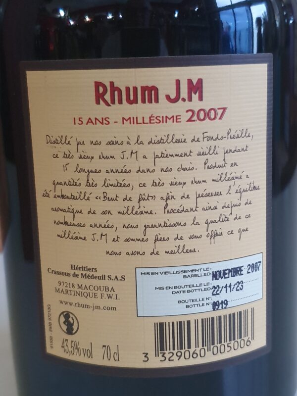 RHUM VIEUX JM 70 CL 43.5° MILLESIME 2007 15 ANS ETIQUETTE CUIR – Image 2