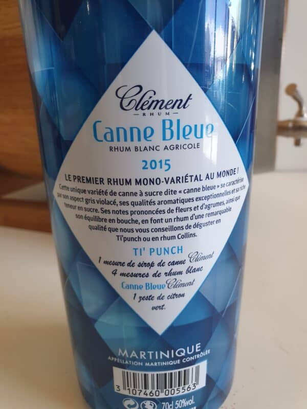 RHUM BLANC CLEMENT CANNE BLEUE 70 CL 50° MILLESIME 2015 – Image 2