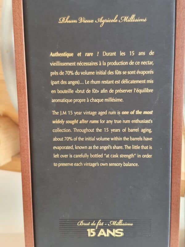 RHUM VIEUX JM 70 CL 41.5° MILLESIME 2006 15 ANS ETIQUETTE CUIR – Image 2