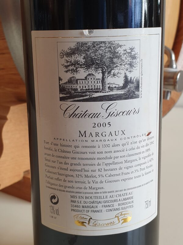 VIN CHATEAU GISCOURS 75 CL 13° MILLESIME 2005 3EME CRU CLASSE MARGAUX – Image 2