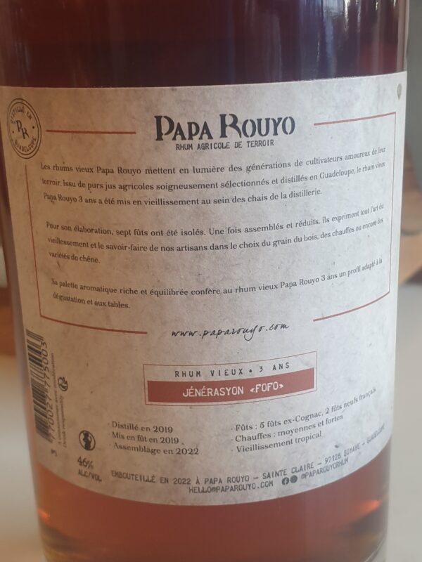 RHUM VIEUX PAPA ROUYO 70 CL 46° CUVEE JENERASYON  3 ANS MILLESIME 2019 – Image 2