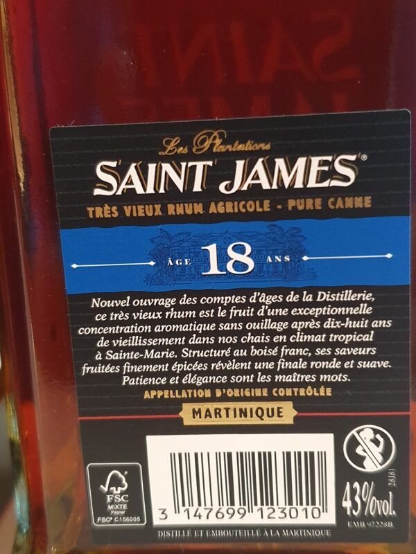 RHUM VIEUX ST JAMES 70 CL 43° MILLESIME 2004 18 ANS AGE – Image 2