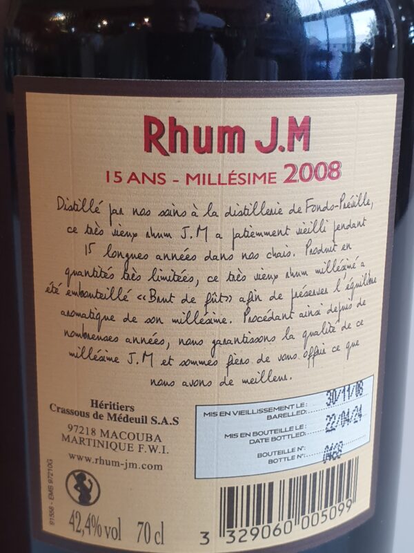 RHUM VIEUX JM 70 CL 42.4° MILLESIME 2008 ETIQUETTE CUIR – Image 2