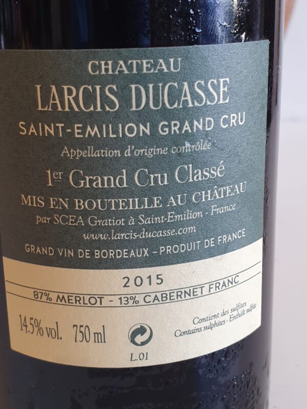 VIN CHATEAU LARCIS DUCASSE 75 CL 14.5° MILLESIME 2015 1ER GRAND CRU CLASSE B SAINT-EMILION – Image 2