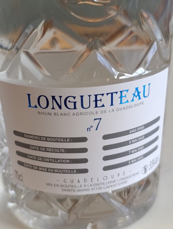 RHUM BLANC LONGUETEAU 70 CL 55° PARCELLE 7  MILLESIME 2022 – Image 2