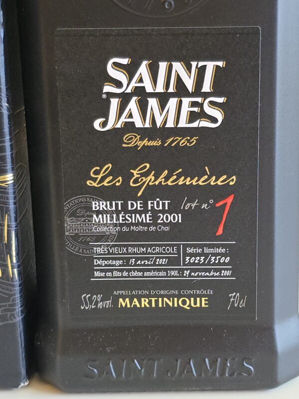 RHUM VIEUX ST JAMES 70 CL 55.2° LES EPHEMERES N° 1 MILLESIME 2001 BRUT DE FUT – Image 2