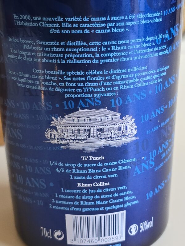 RHUM BLANC CLEMENT 70 CL 50° CANNE BLEUE 2010 – Image 3