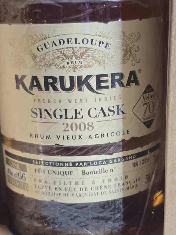 RHUM VIEUX KARUKERA 70 CL 58.4° MILLESIME 2008 FUT 66 ANNIVERSAIRE 70 ANS VELIER – Image 2