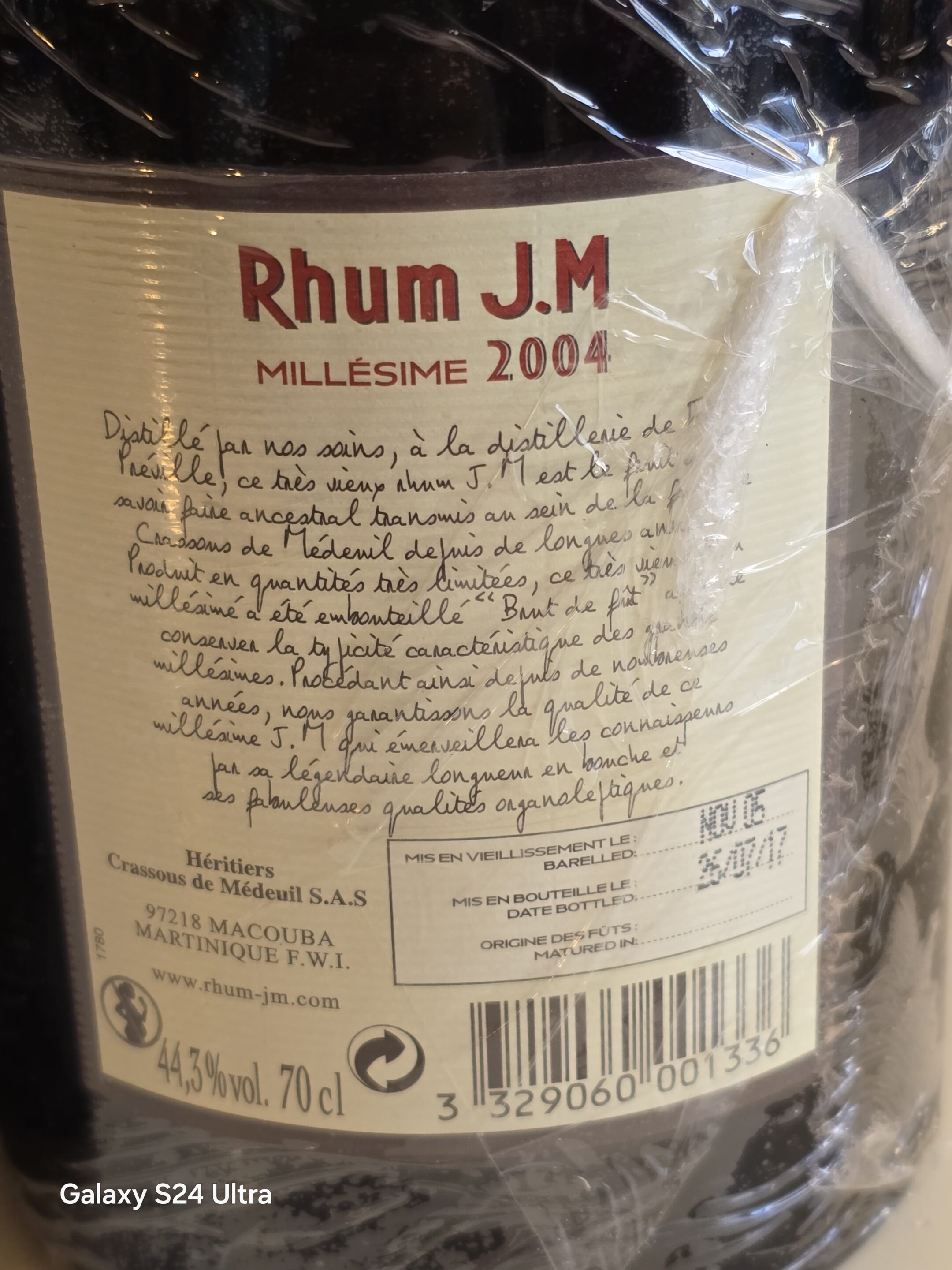 RHUM VIEUX JM 70 CL 44.3° MILLESIME 2004 BRUT DE FUT – Image 2